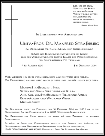Todesanzeige von Univ.-Prof. Dr. Manfred Straßburg von Rheinische Post