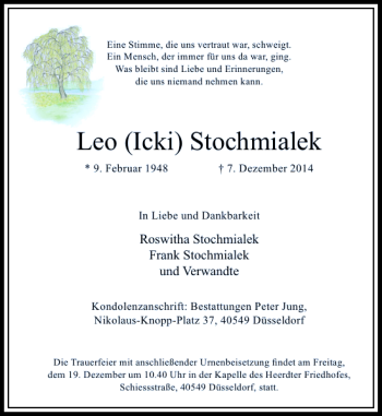 Todesanzeige von Leo (Icki) Stochmialek von Rheinische Post
