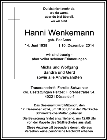 Todesanzeige von Hanni Wenkemann von Rheinische Post