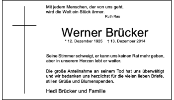 Todesanzeige von Werner Brücker von Rheinische Post