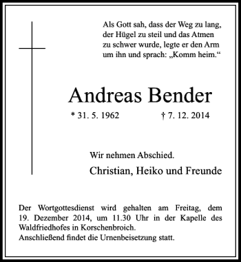 Todesanzeige von Andreas Bender von Rheinische Post