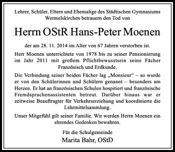 Todesanzeige von OStR Hans-Peter Moenen von Rheinische Post