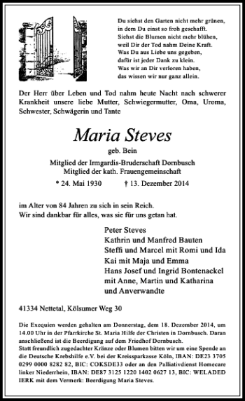 Todesanzeige von Maria Steves von Rheinische Post