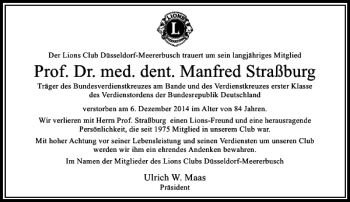 Todesanzeige von Prof. Dr. med. dent. Manfred Straßburg von Rheinische Post