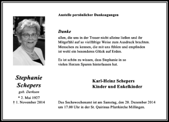 Todesanzeige von Stephanie Schepers von Rheinische Post