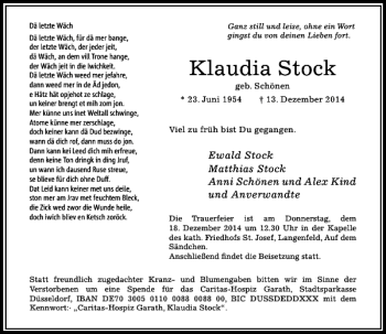 Todesanzeige von Klaudia Stock von Rheinische Post