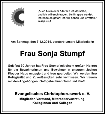 Todesanzeige von Frau Sonja Stumpf von Rheinische Post