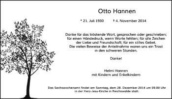Todesanzeige von Otto Hannen von Rheinische Post