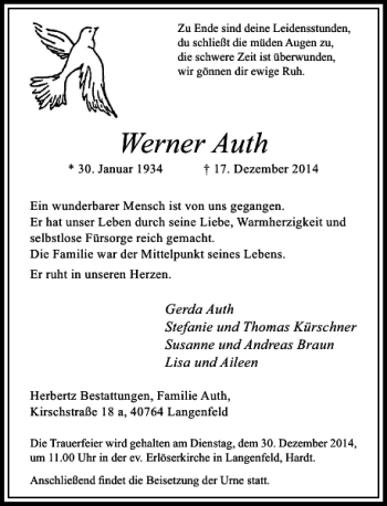 Todesanzeige von Werner Auth von Rheinische Post