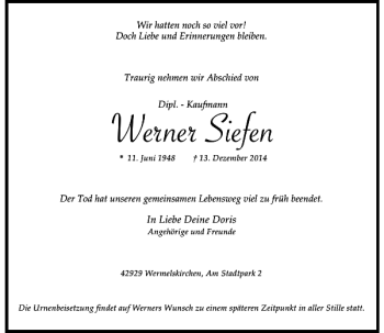 Todesanzeige von Werner Siefen von Rheinische Post