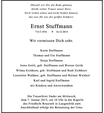 Todesanzeige von Ernst Stuffmann von Rheinische Post