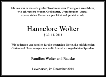 Todesanzeige von Hannelore Wolter von Rheinische Post