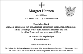 Todesanzeige von Margret Hannen von Rheinische Post