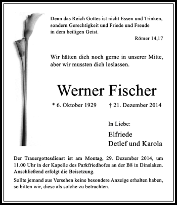 Todesanzeige von Werner Fischer von Rheinische Post