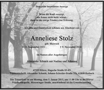 Todesanzeige von Anneliese Stolz geb. Maiwald von Rheinische Post