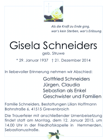 Todesanzeige von Gisela Schneiders geb. Struwe von Rheinische Post