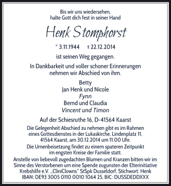 Todesanzeige von Henk Stromphorst von Rheinische Post