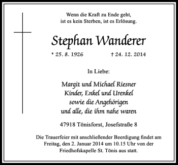 Todesanzeige von Stephan Wanderer von Rheinische Post