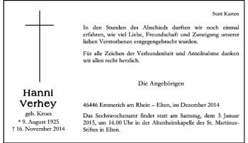Todesanzeige von Hanni Verhey von Rheinische Post