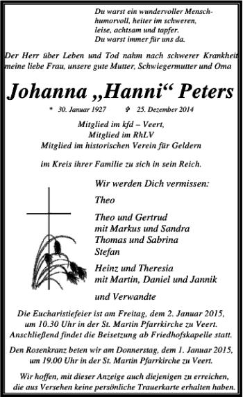 Todesanzeige von Johanna Hanni Peters von Rheinische Post