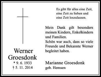 Todesanzeige von Werner Groesdonk von Rheinische Post