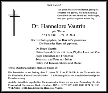 Todesanzeige von Dr. Hannelore Vautrin von Rheinische Post