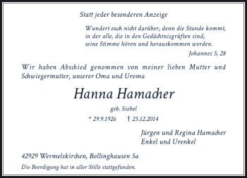 Todesanzeige von Hanna Hamacher von Rheinische Post