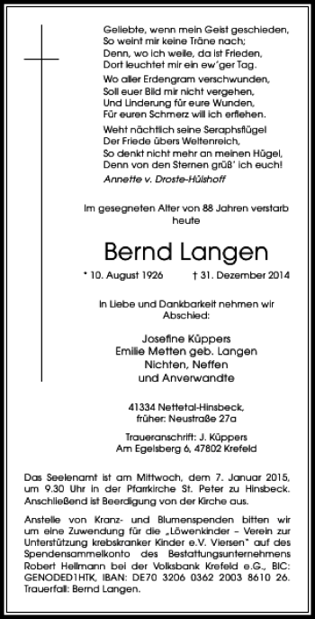 Todesanzeige von Bernd Langen von Rheinische Post