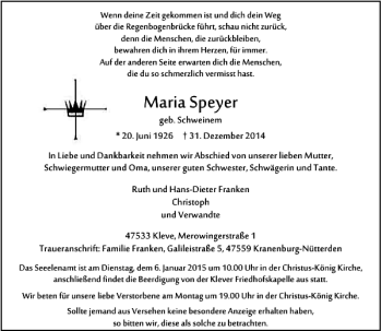 Todesanzeige von Maria Speyer von Rheinische Post