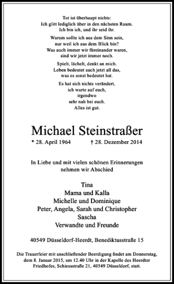 Todesanzeige von Michael Steinstraßer von Rheinische Post