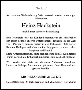 Todesanzeige von Heinz Hackstein von Rheinische Post