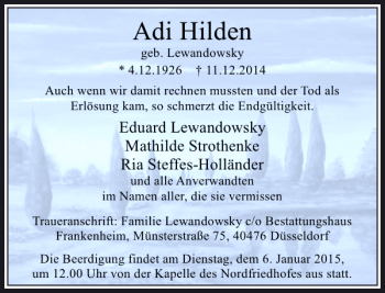 Todesanzeige von Adi Hilden von Rheinische Post