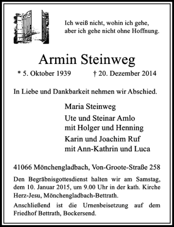 Todesanzeige von Armin Steinweg von Rheinische Post