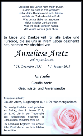 Todesanzeige von Aretz Anneliese von Rheinische Post