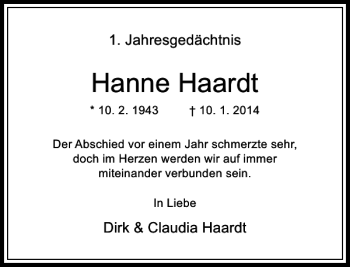 Todesanzeige von Hanne Haardt von Rheinische Post