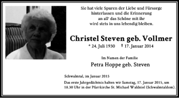 Todesanzeige von Christel Steven geb. Vollmer von Rheinische Post