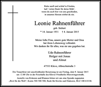Todesanzeige von Leonie Rahnenführer von Rheinische Post
