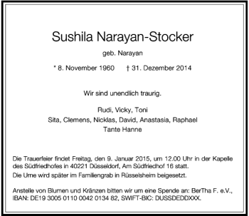 Todesanzeige von Sushila Narayan-Stocker von Rheinische Post
