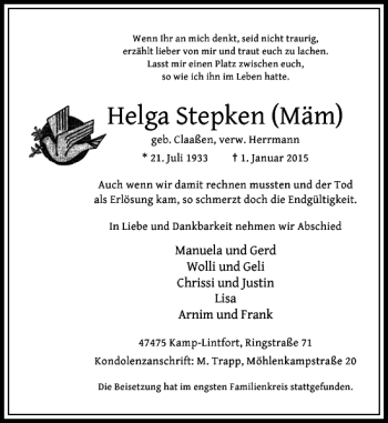 Todesanzeige von Helga Stepken Mäm von Rheinische Post