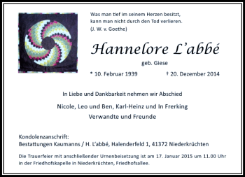 Todesanzeige von Hannelore L'abbé von Rheinische Post