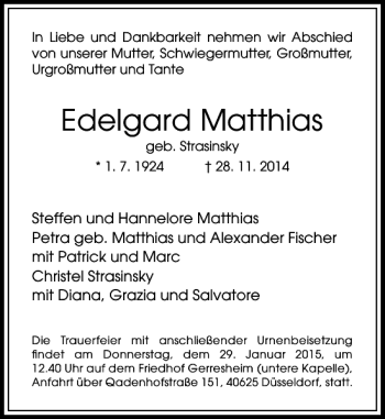 Todesanzeige von Edelgard Matthias geb. Strasinsky von Rheinische Post