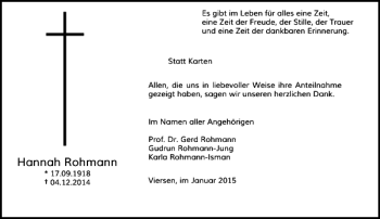 Todesanzeige von Hannah Rohmann von Rheinische Post