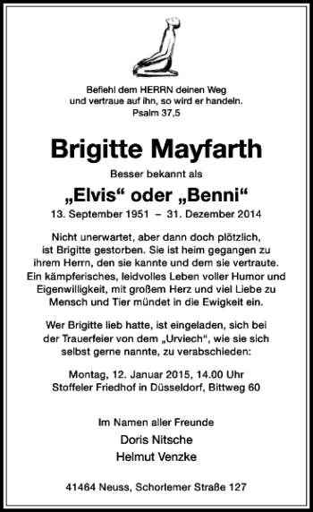 Todesanzeige von Mayfarth Brigitte von Rheinische Post