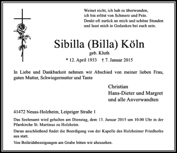 Todesanzeige von Sibilla Billa Köln von Rheinische Post