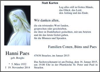 Todesanzeige von Hanni Paes von Rheinische Post