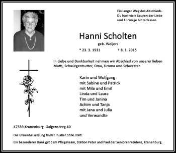 Todesanzeige von Hanni Scholten von Rheinische Post