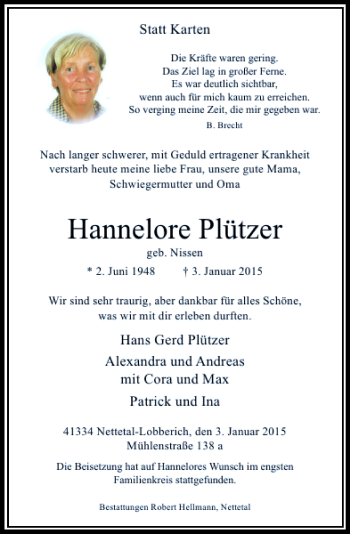 Todesanzeige von Hannelore Plützer von Rheinische Post