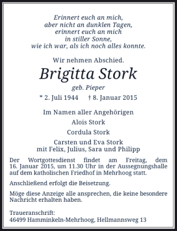 Todesanzeige von Brigitta Stork von Rheinische Post