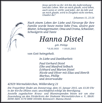 Todesanzeige von Hanna Distel von Rheinische Post