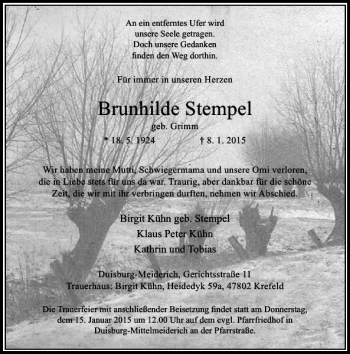 Todesanzeige von Brunhilde Stempel von Rheinische Post